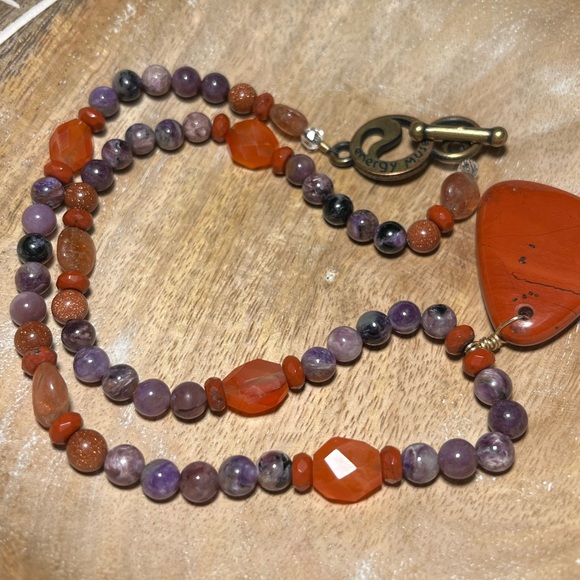 Energy Muse Strength Red Jasper, Carnelian, Sunstone & Charoite Beaded Necklace - Picture 4 of 13